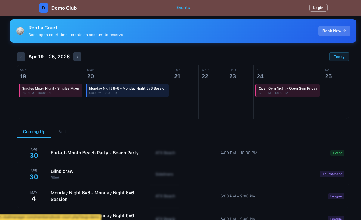 Volleyball Manager calendar showing courts, leagues, tournaments, training, and member events in one view
