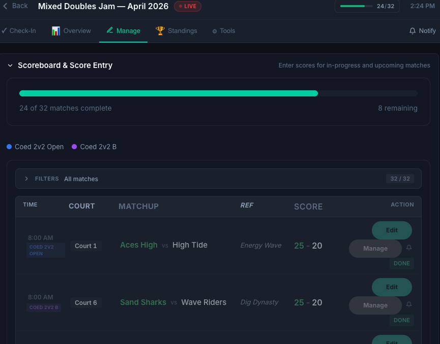 Tournament runtime board showing pools and brackets
