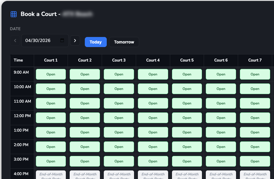 Court reservations grid with hourly slots